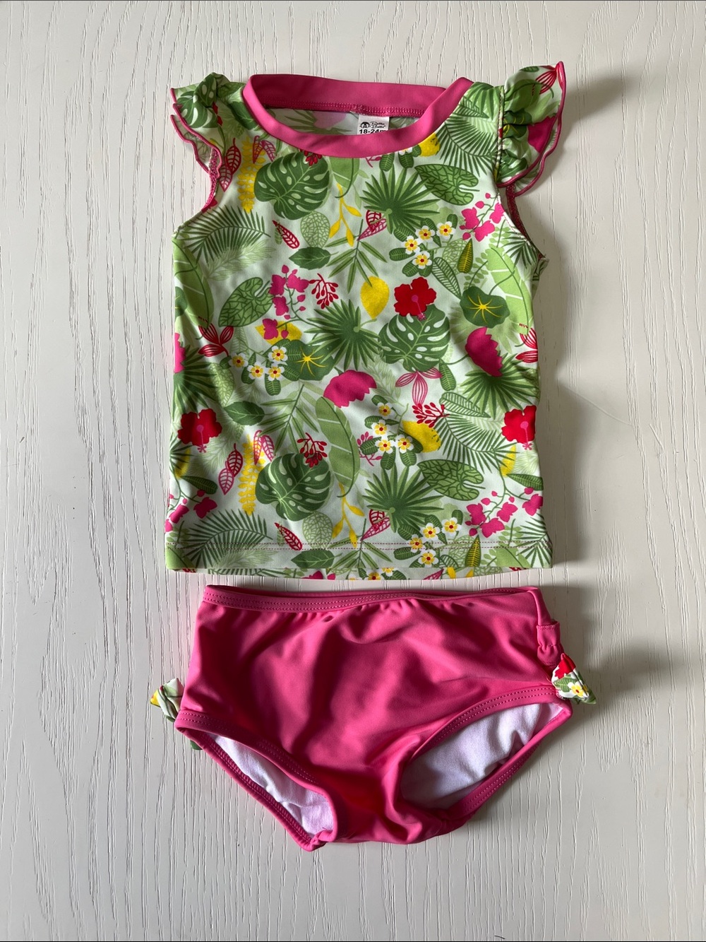 Ruffle Butts Pink & Green Tropical Rashguard Swim Set